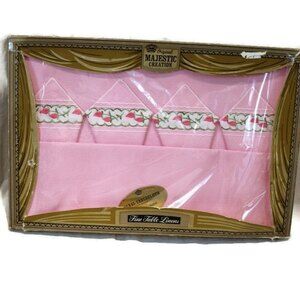 Majestic Creations Pink Tablecloth & Napkin Set NOS Embroidered Roses Vintage